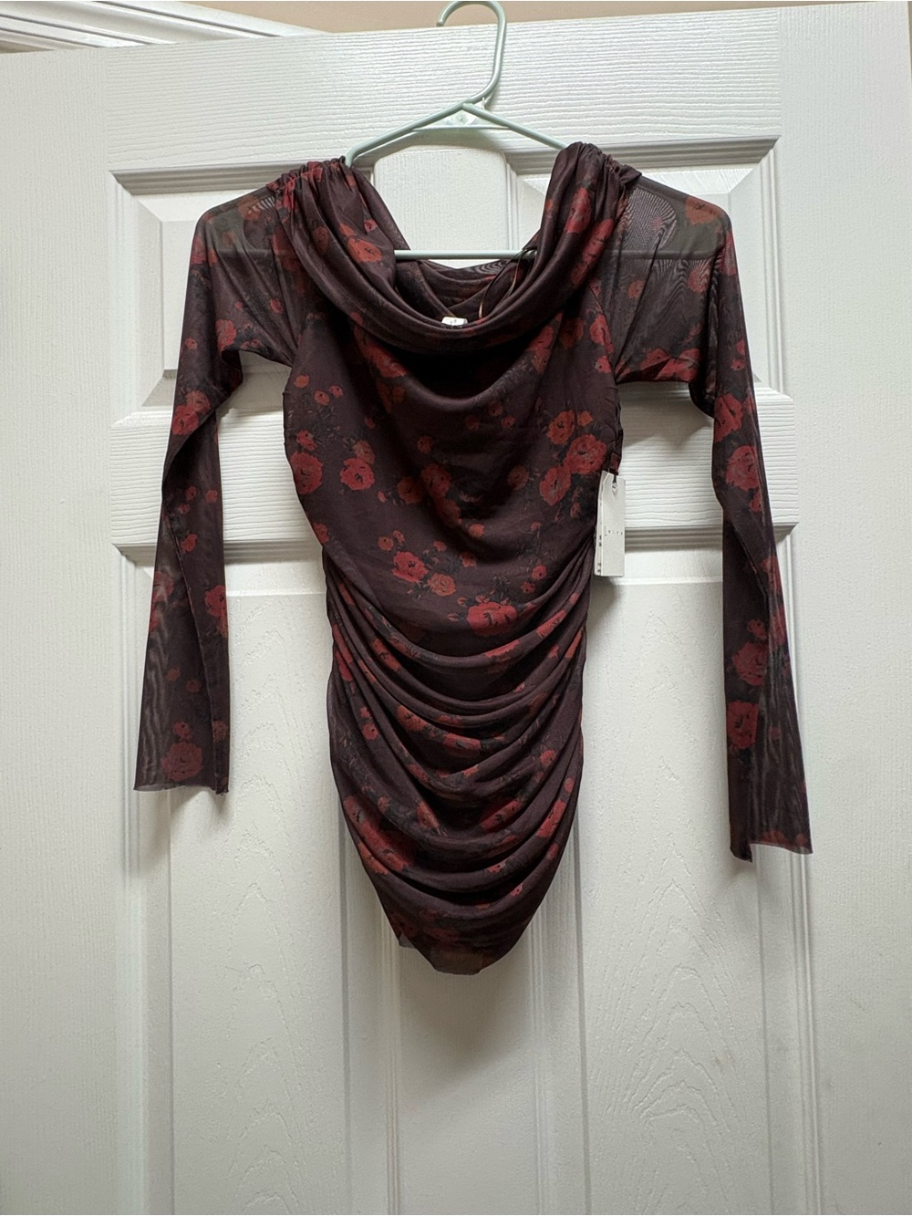 Leith Burgundy Floral Long-Sleeve Draped Bodycon Dress